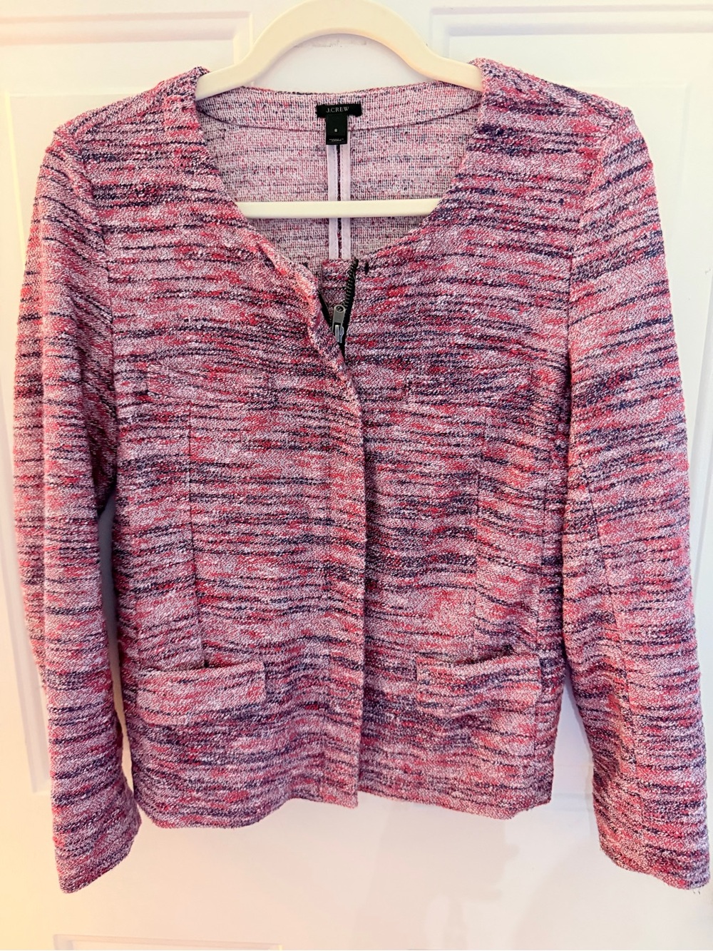 J. Crew Pink and Purple Bouclé Knit Zip Jacket